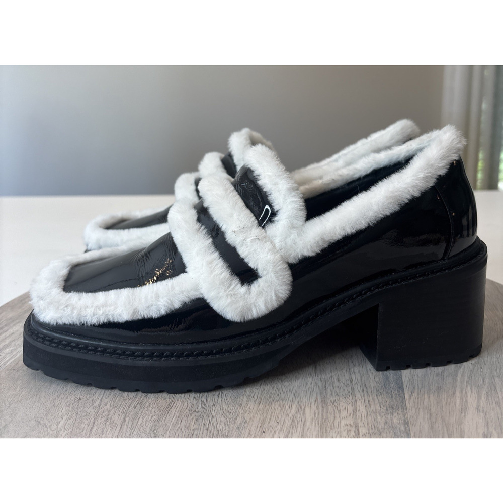 Caverley Chunky Loafers Size 9/9.5 Black Patent With White Faux Fur Trim